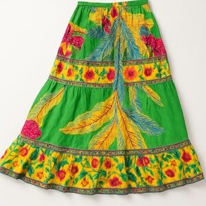 CYNTHIA ROWLEY neon colorful floral tiered rayon midi maxi skirt women’s XS